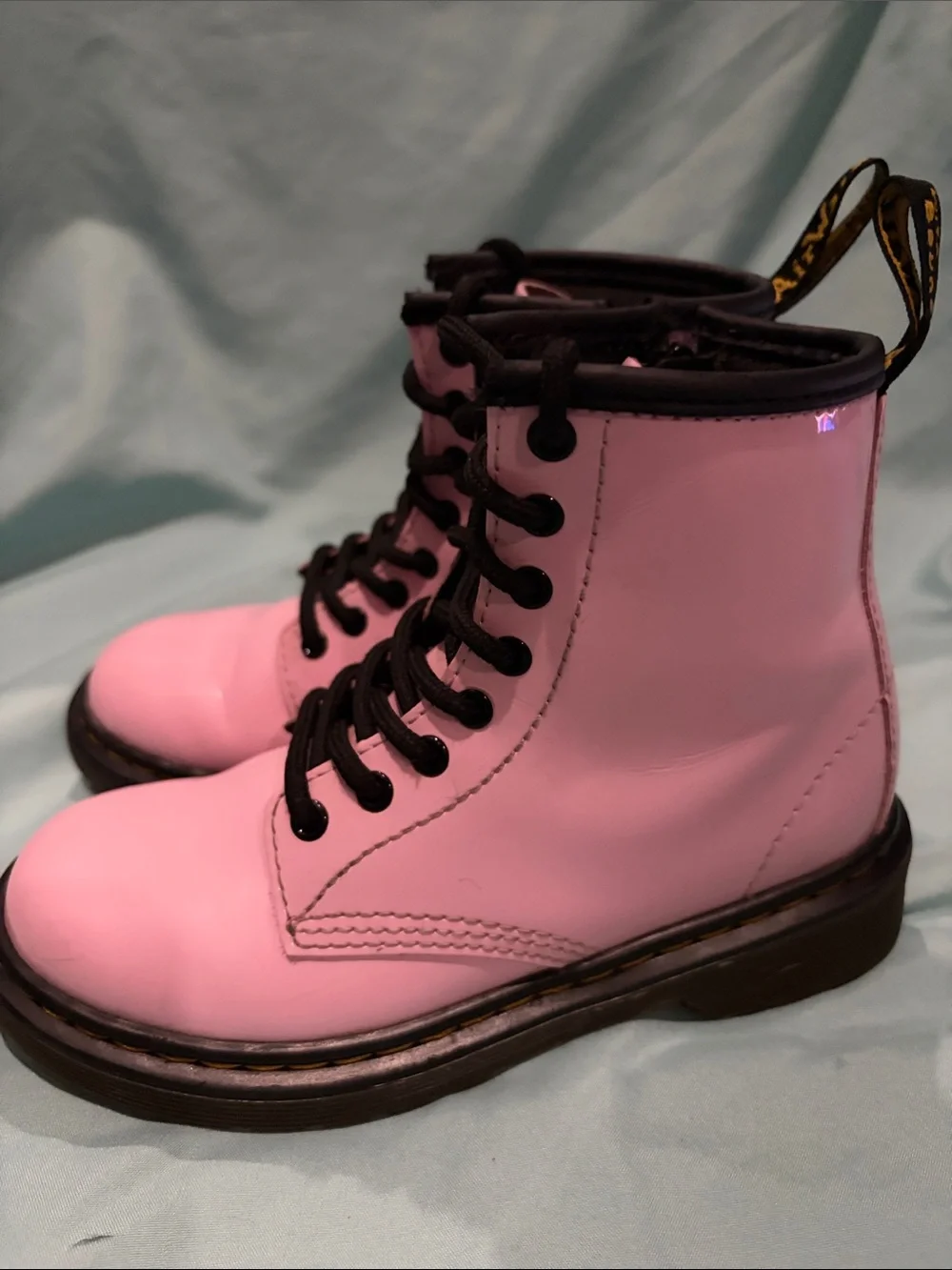 Dr. Martens Pink Patent Lace-Up Boots with Black Trim kids 13